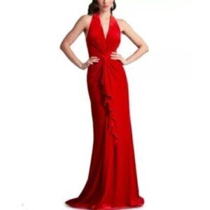 Vintage Red Halter Plunged Neckline Gown with Elegant Ruffle Detail Maxi…